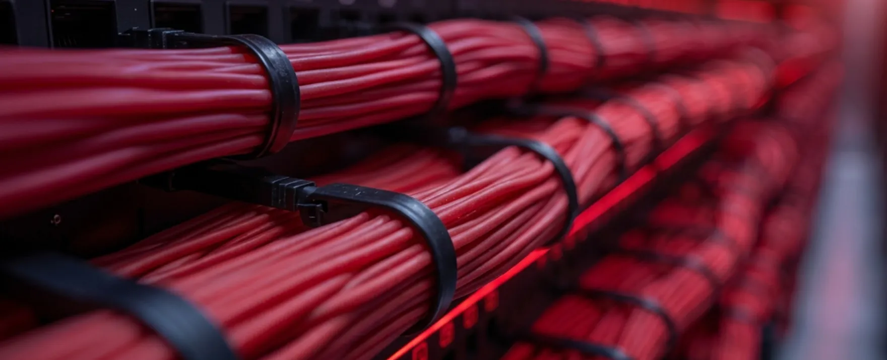 Bundled network cabling — red runs dressed and cable-tied to a switch in a comms rack.