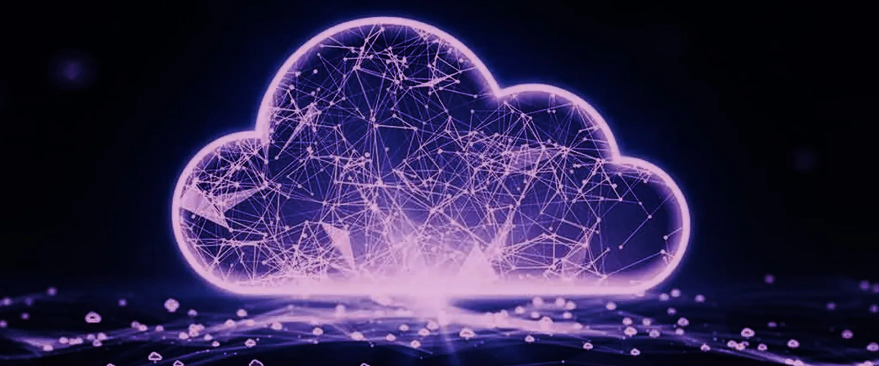 A glowing cloud icon woven from a network mesh, hovering over a data landscape of connected nodes.