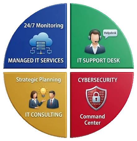Redsilicon's managed IT at a glance, in four quadrants: Managed IT Services with 24/7 monitoring, an IT Support Desk helpdesk, IT Consulting and strategic planning, and Cybersecurity run from a command centre.